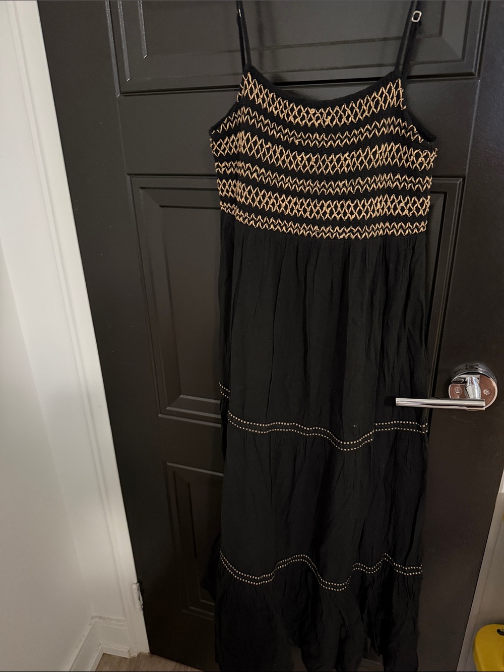 Zara Black Maxi Dress with Gold Smocked Bodice